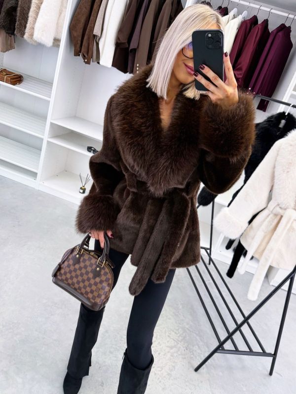 Brown Faux Fur Coat With A Tie-front Fastening