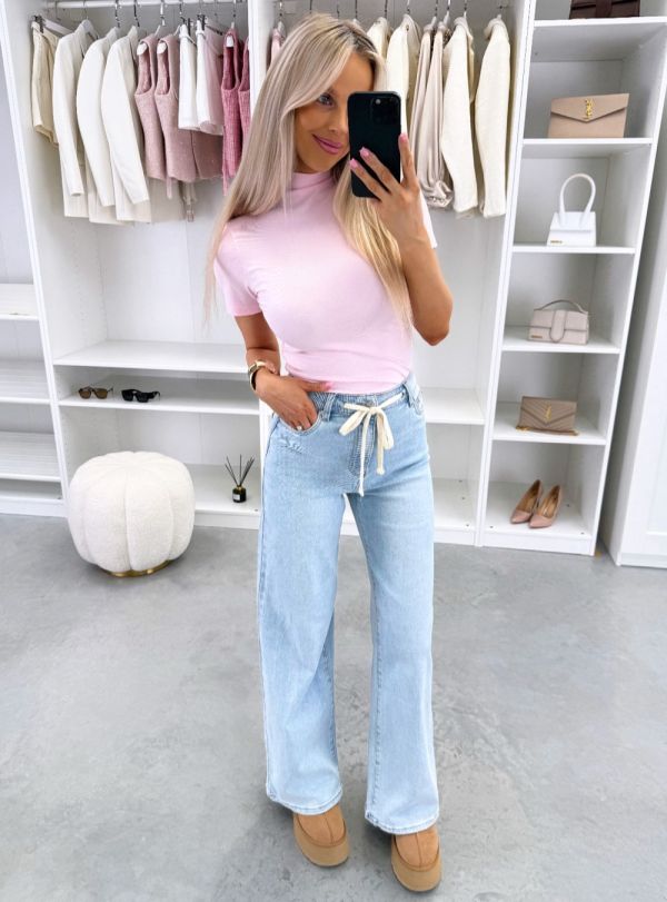 Šviesiai Mėlynas Tamprūs Ir švelnūs Tiesaus Kirpimo Džinsai