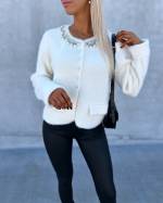 Light Beige Soft Sweater With Pearls And Rhinestones