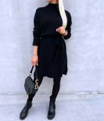 Black Tie-waist Sweater Dress