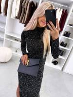 Juoda Tampraus Audinio Suknelė Su Cirkoniais Ir Skeltuku