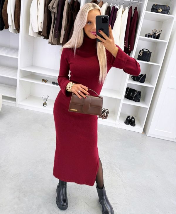 Dark Red High-neck Sweater Dress With Side Slit