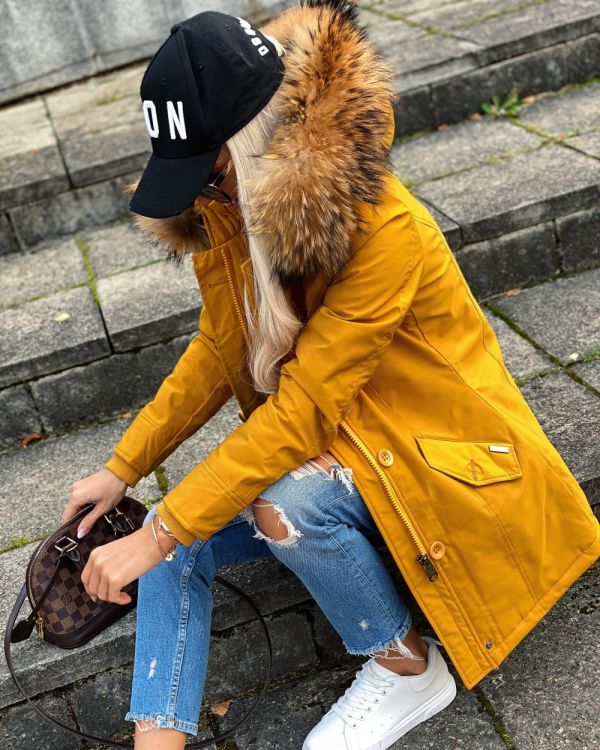 Yellow Winter Parka With Real Fur And Waterproof Outer Layer