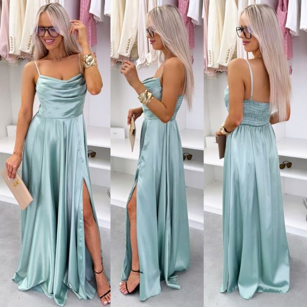 Turquoise Satininė Maxi Suknelė