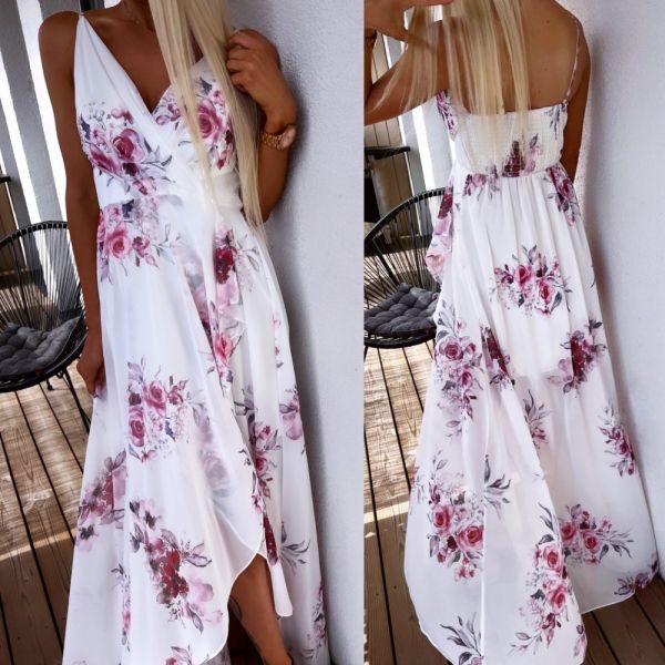 White Floral Maxi Dress With Slit