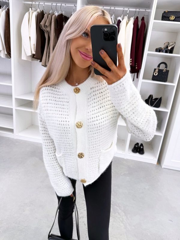 Valge Kuldsete Nööpidega Kampsun