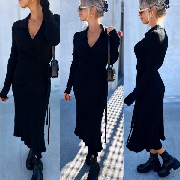 Black Stretch Wrap Sweater Dress