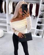 Jasny Beż Top Z Elastycznej Koronki