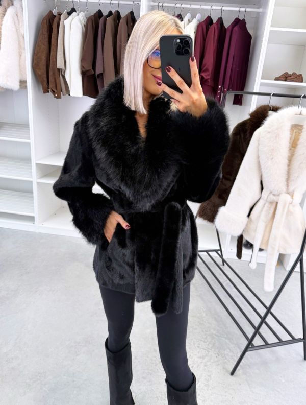 Black Faux Fur Coat With A Tie-front Fastening