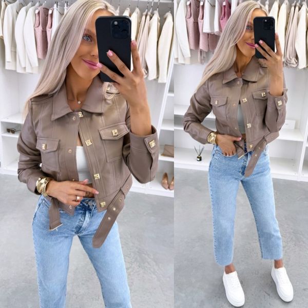 Серо-коричневый Приталенный жакет на кнопках