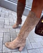 Beige Block-heeled Velvet Boots