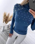 Light Blue High Neck Sweater With Pearls
