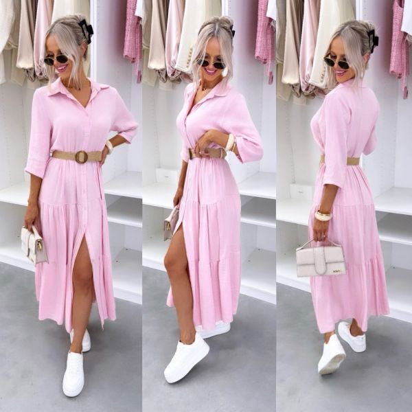Rožinis Ilgesnė Suknelė Su Pintu Diržu