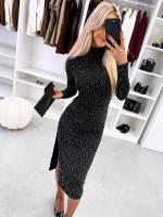 Juoda Tampraus Audinio Suknelė Su Cirkoniais Ir Skeltuku