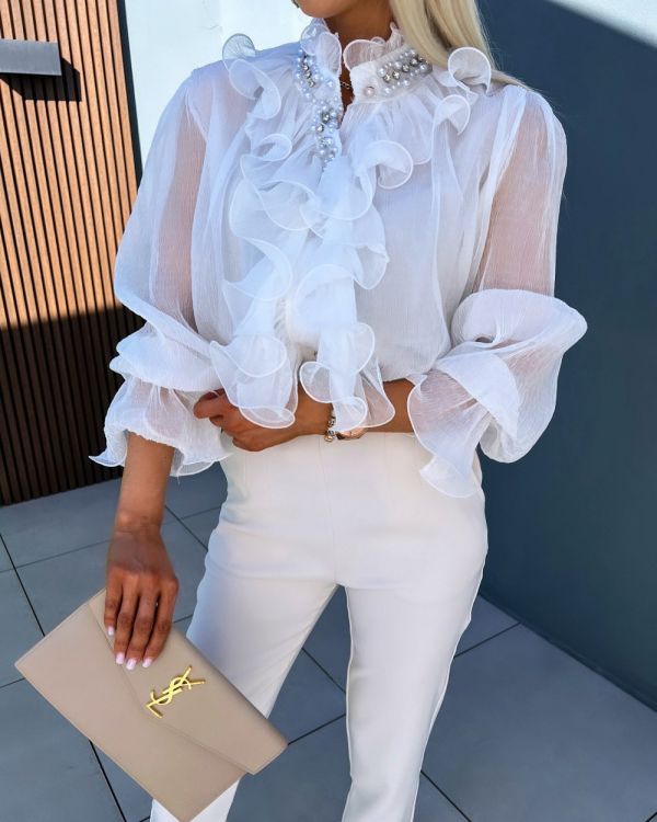White Blouse With Rhinestones And Frills
