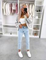 Gaiši Zils Mīksti Un ērti Mom Fit Džinsi