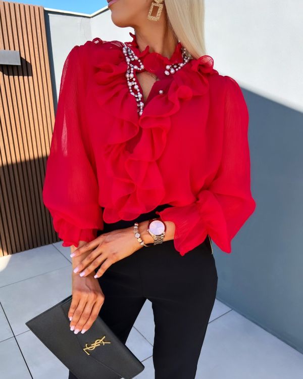 Red Blouse With Rhinestones And Frills