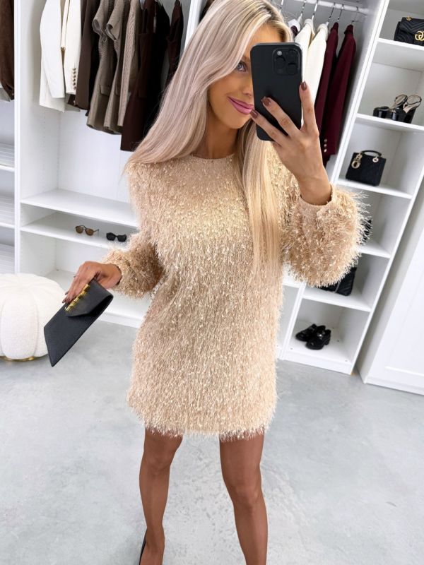 Smėlio Spalvos Laisvai Krentanti Suknelė Ilgomis Rankovėmis