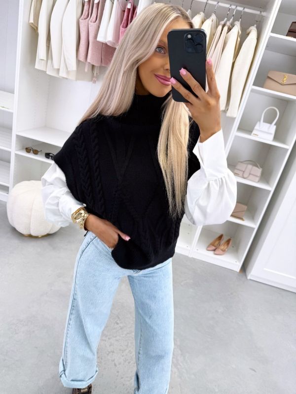 Juoda Balta Megzta Liemenė Su Pamušalu