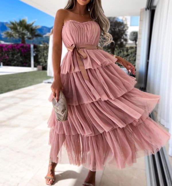 Pink Tie-waist Shorter Tulle Dress