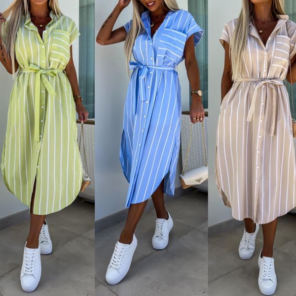 Blue Striped Casual Dress With Pockets