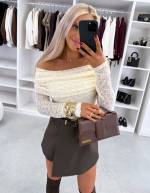 Jasny Beż Top Z Elastycznej Koronki