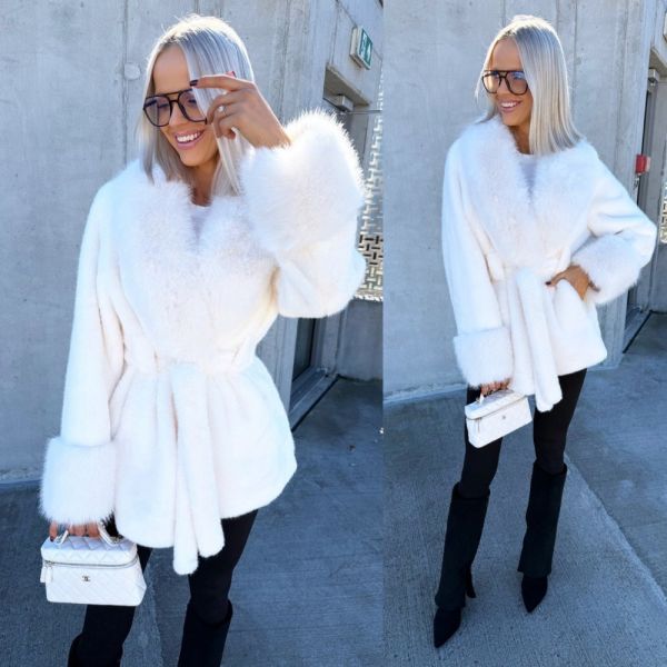 Light Beige Faux Fur Coat With A Tie-front Fastening