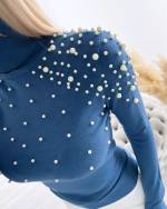Light Blue High Neck Sweater With Pearls