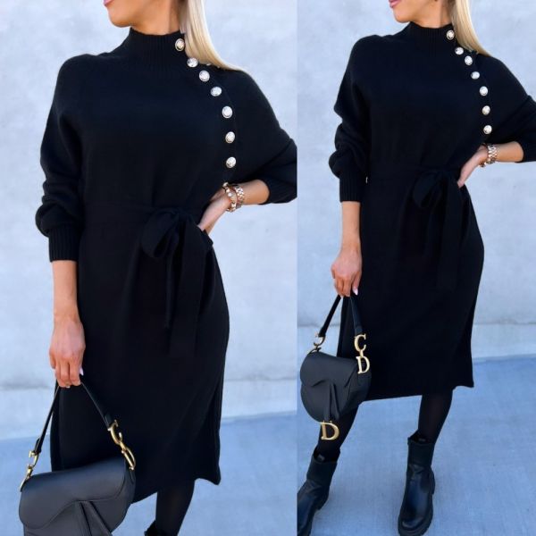 Black Tie-waist Knit Dress With Gold Buttons