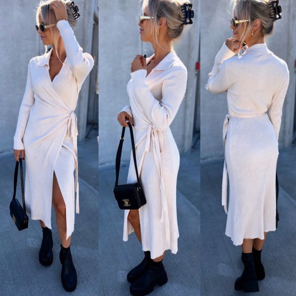 Beige Stretch Wrap Sweater Dress