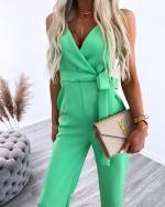 Light Pink Long Tie Jumpsuit With Pockets