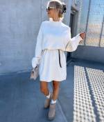 Taupe Soft Knit Dress With Thin Leather Belt