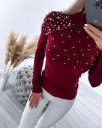 Red High Neck Sweater With Pearls