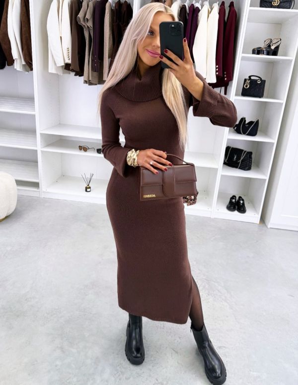 Brown High-neck Sweater Dress With Side Slit