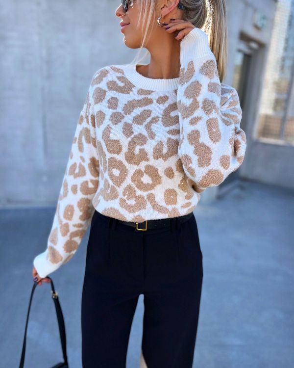 Beige Leopard Print Soft Sweater With Subtle Shine