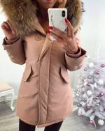 Beige Winter Parka With Natural Fur And Waterproof Outer Layer