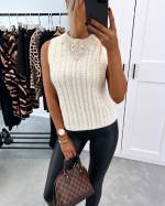 Black Knitted Soft Vest Sweater With Pearls