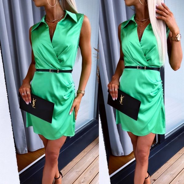 Green Silky Belted Bodycon Dress