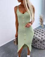 Green Gold-buttoned Casual Dress