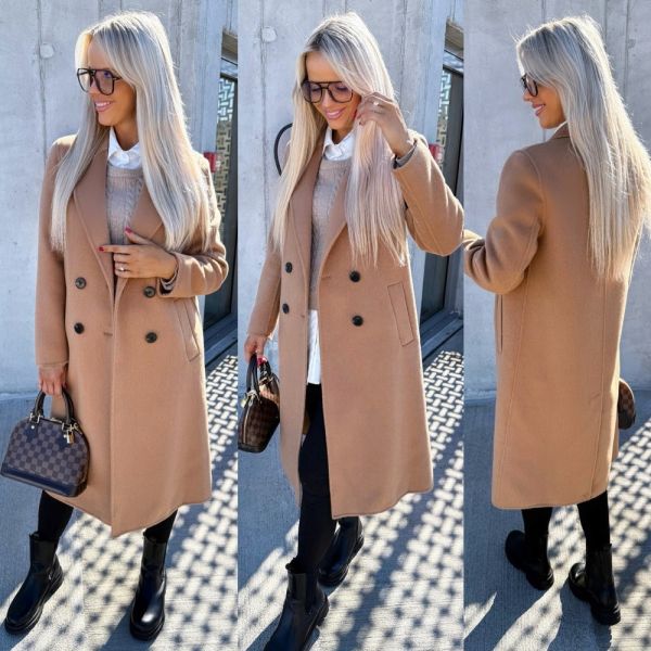 Camel Buttoned Wool Coat