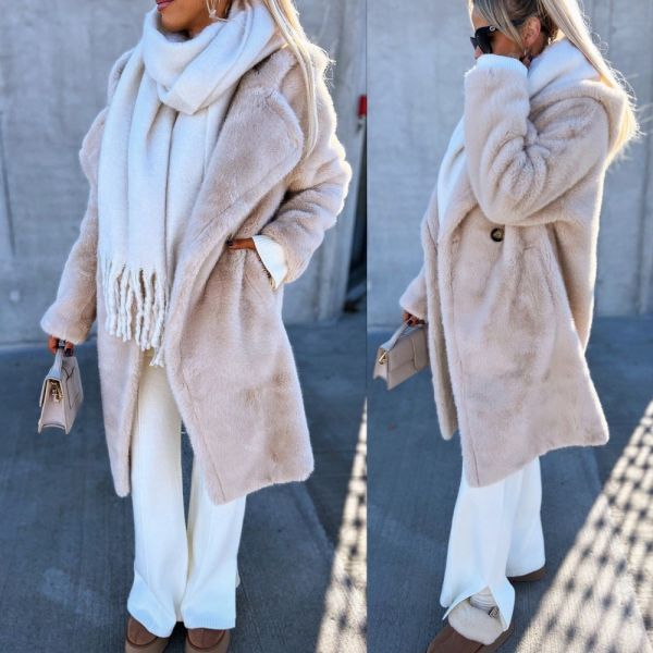 Light Beige Oversized Soft Winter Coat With Hood