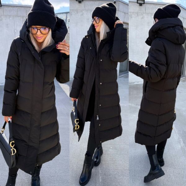 Juoda Ilgesnė šilta žieminė Parka Su Gobtuvu