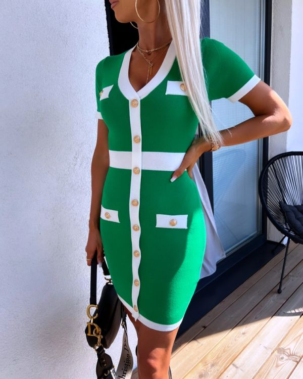 Green Gold-buttoned Bodycon Dress