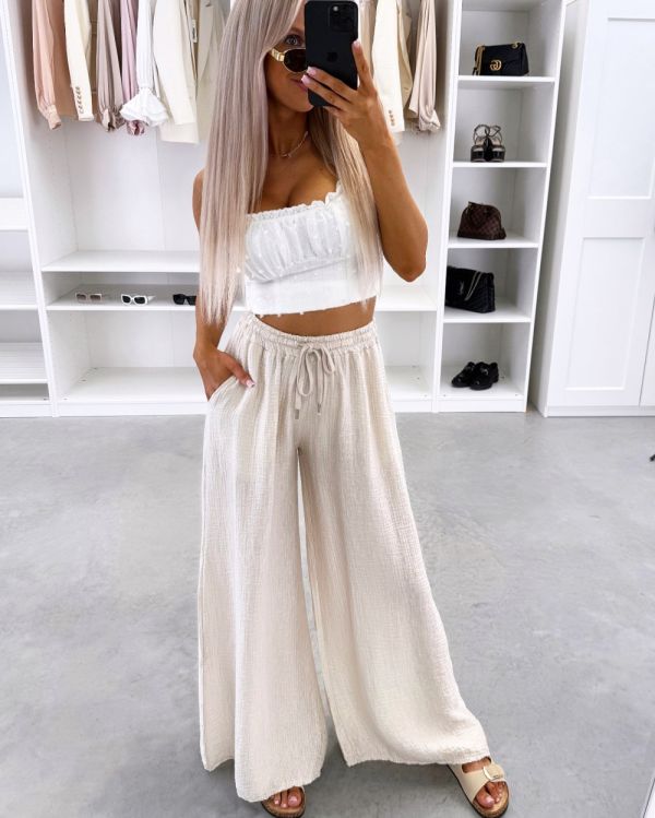 Beige Wide-leg Flowy Trousers