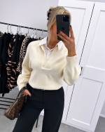 Taupe Comfortable Sweater With White Collar