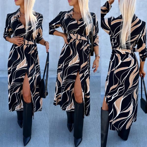 Black Belted Patterned Dress