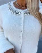 Light Beige Soft Sweater With Pearls And Rhinestones