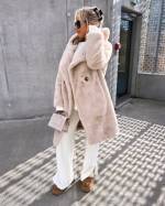 Light Beige Pehme Kapuutsiga Oversized Talvemantel