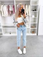 Gaiši Zils Mīksti Un ērti Mom Fit Džinsi