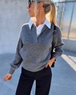 Taupe Comfortable Sweater With White Collar